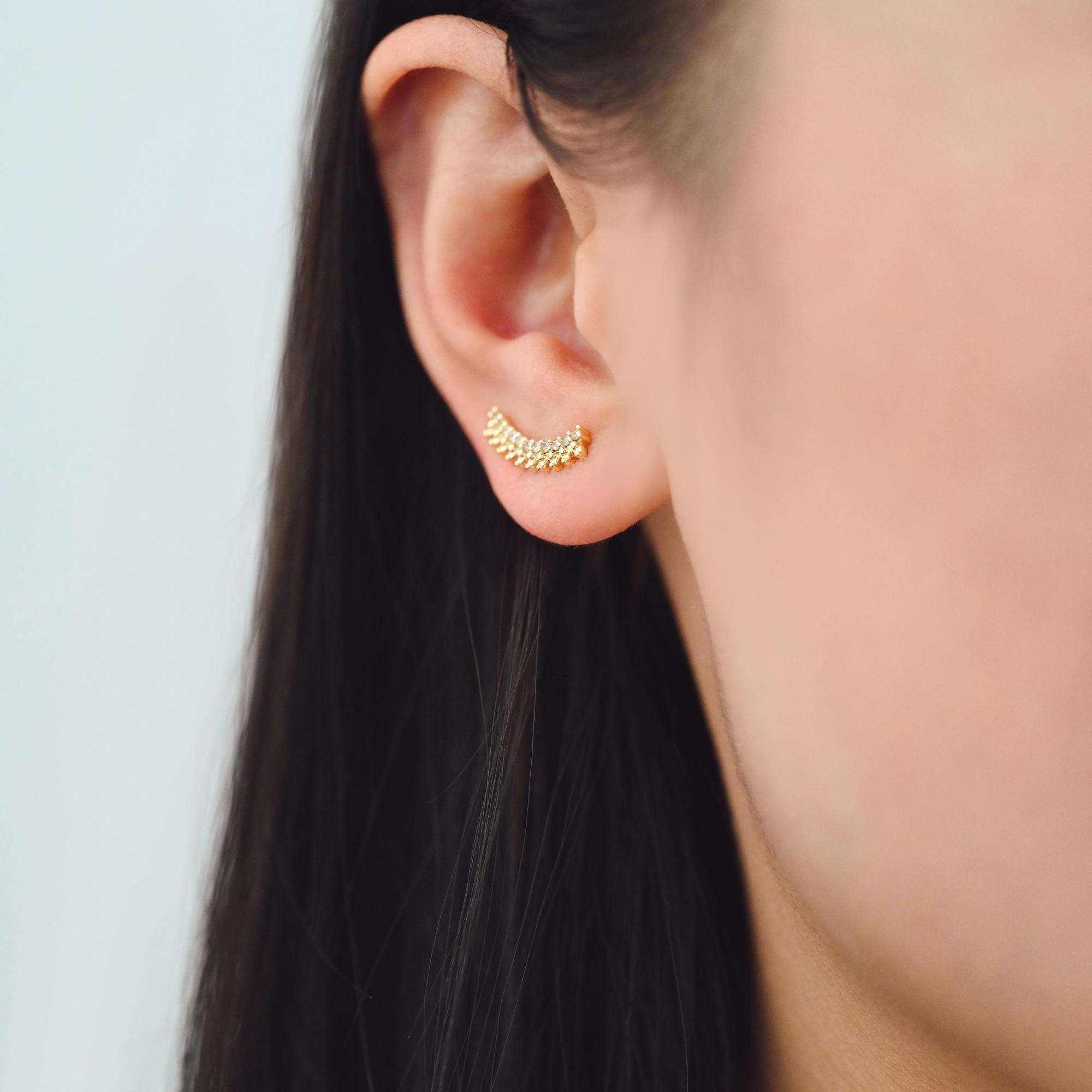 4pcs CZ Pave Gold Spike Ear Crawler Earrings 15x6mm, 18K Gold Plated Brass Ear Climber, Sparkly Earring (GB-3960)